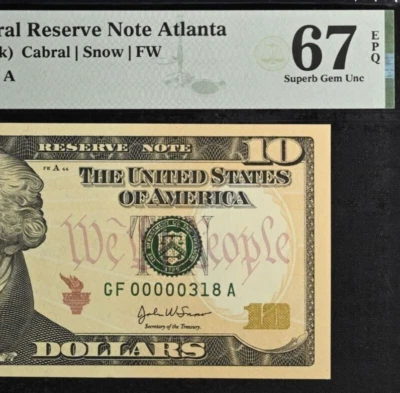 2004A $10 Federal Reserve Note PMG 67EPQ - Top Pop - Low Serial Number 00000318 - Image 1 of 4