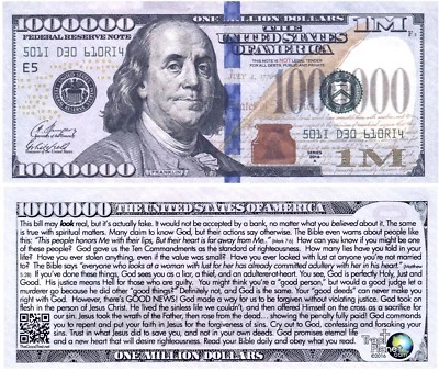 Blue Franklin Million Dollar Funny Money Gospel Tract Novelty Note + FREE SLEEVE