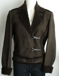 Simon Chang Short Crop Brown Jacket Top Women Size 4 Faux Fur Trim & Interior - Picture 1 of 4