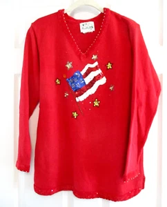 Quacker Factory Patriotic Flag Fourth Of July Sweater Womens Sequins No size L ? - Picture 1 of 8