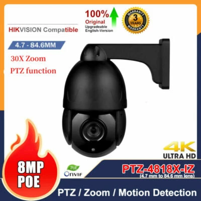 Hikvision Compatible 8MP PTZ IP Camera 30X Zoom Speed Dome POE IR H.265 In Mic - Image 1 of 4