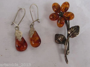 NATURAL OLD ANTIQUE Silver Set of BALTIC AMBER BROOCH & EARRINGS COGNAC Color - Picture 1 of 8