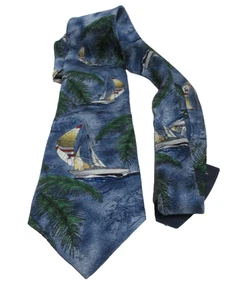 Tropicals by Tango Blue Silk Sali Boat Print Necktie New w/Tag Gift Beachy Japan - Picture 1 of 8