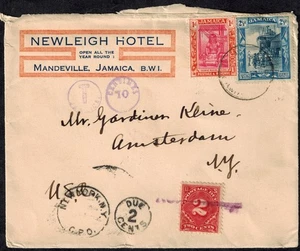 Jamaica 1921 Cover w/ SG 79 & 82 & USA 2 Cent Postage Due Stamp w/Markings - Foto 1 di 1