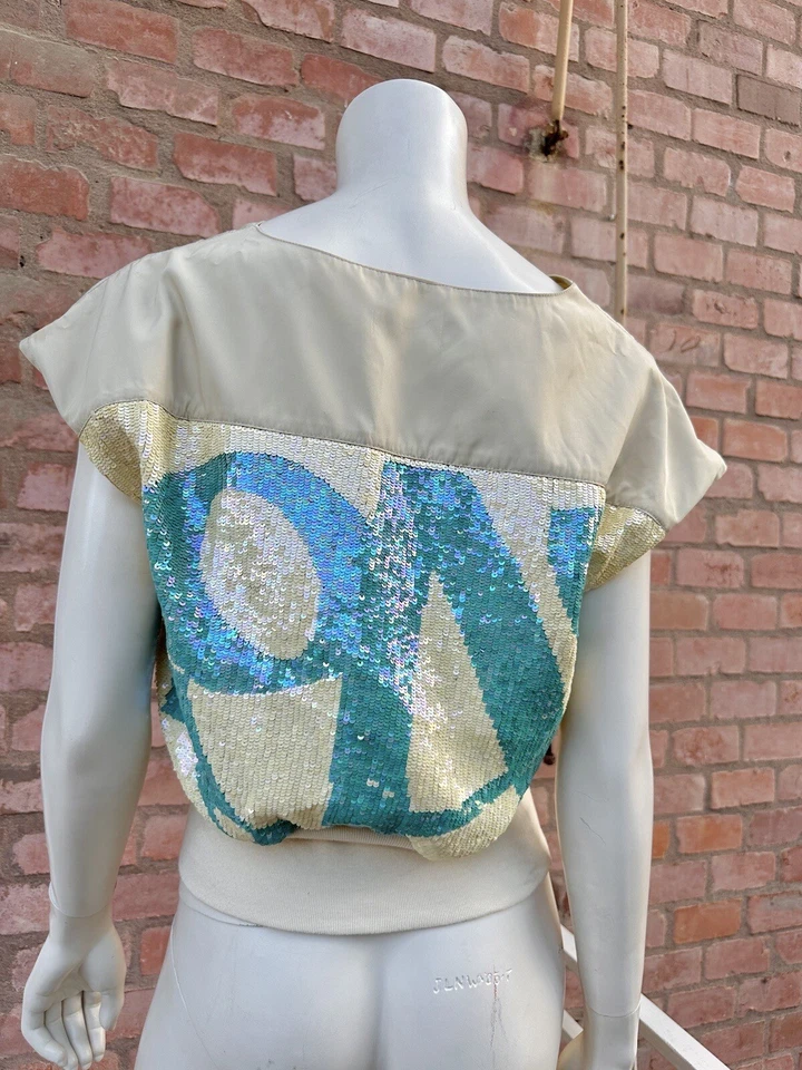 Blusa Top Pasarela Custo Barcelona Panel Lentejuelas Futuro 3D Beige Turquesa 38-S Foto 1 de 4