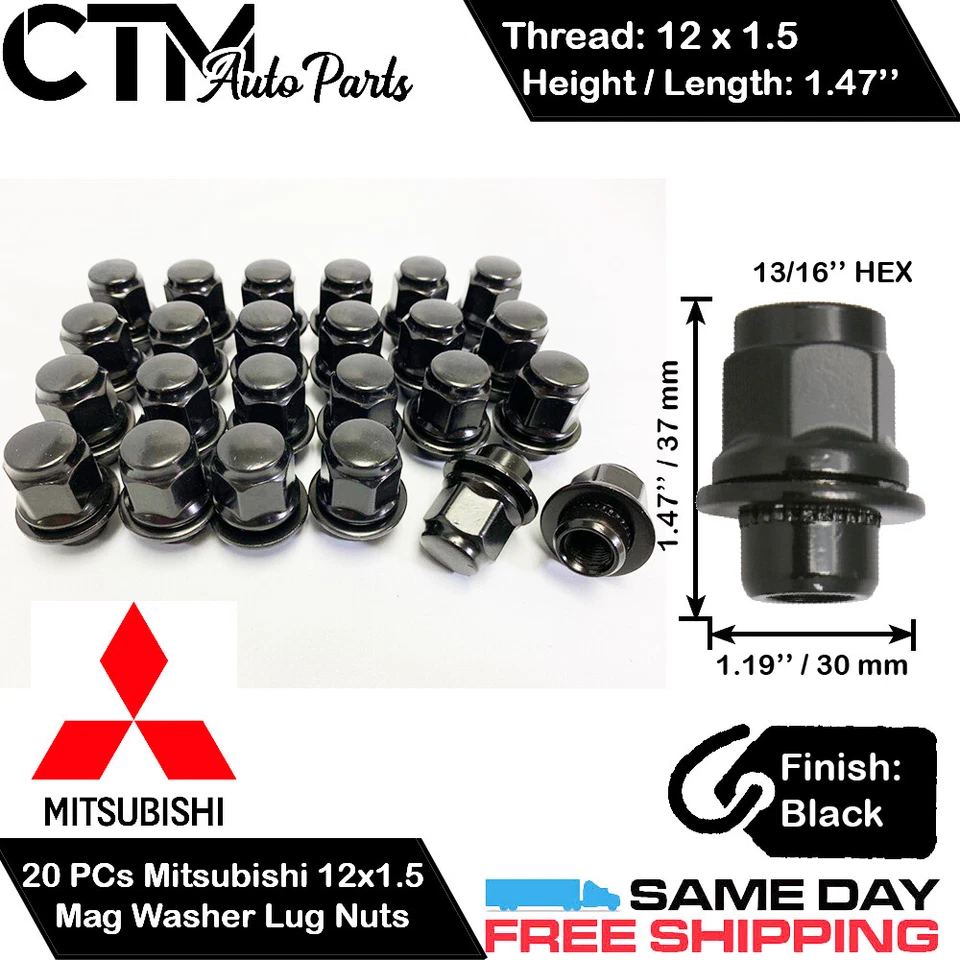 20PÇS PORCAS DE RODA DE ARRUELA DE ASSENTO MITSUBISHI PRETO 12X1.5 MAG PARA MODELOS MITSUBISHI - Imagem 1 de 2