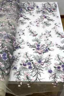 3D Floral Beaded Embroidery Mesh Lace Floral Fabric 5 Yards (Multicolor) - Image 1 of 3