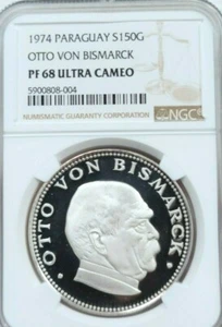 1974 PARAGUAY SILVER 150 GUARANIES OTTO VON BISMARCK NGC PF 68 ULTRA CAMEO TOP - Picture 1 of 4