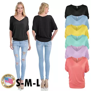 Top donna tinta unita basic scollo a V con scollo a 3/4 manica made in USA S,M,L - Foto 1 di 38