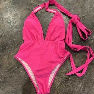 CUPSHE Women Swimsuit One Piece Size S Deep V Neck Backless Hot Pink - Picture 1 of 7