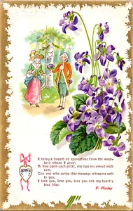 Vintage Postkarte Mann Frau Liebe Blumen Herz Goldrand F. Pixley - Bild 1 von 2