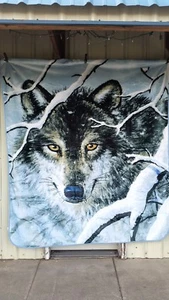 WOLF SNOW TREE OUTDOOR WINTER QUEEN SIZE BLANKET BEDSPREAD - Picture 1 of 3