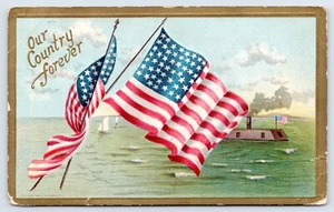 1917 Patriotic Postcard- Our Country Forever, USA Flags, ironclad - Picture 1 of 2