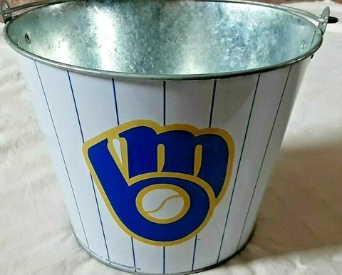 Milwaukee Brewers Metal Bucket With Handle Blue White Striped Glove Logo MLB Cover