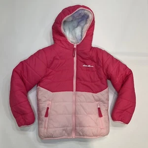 Eddie Bauer Puffer Jacket XS Extra Small 5/6  Pink Coat Reversible Fleece Hood - Picture 1 of 6