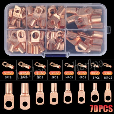 70Pcs Copper Tube Crimp Terminals Battery Welding Cable Lug Ring Connectors Kit