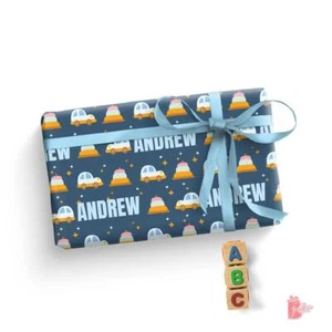 Navy Blue Name Personalized Gift Wrapping Paper w/ Yellow Taxi & Cake Print Wrap - Picture 1 of 4