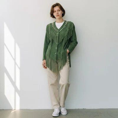 Chaqueta de Cuero Vintage ECHO MOUNTAIN By Arturo 8 Flecos Verdes Cuentas Gamuza RARA Foto 1 de 4