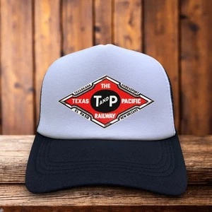 Defunct T&P Railway Mens Trucker Hat Black Snapback Texas & Pacific Vintage Logo - Picture 1 of 6