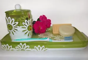 Green Bathroom Soap Tray Plate & Jar Set Cotton Balls Tooth Brush Cup Flower - Picture 1 of 3
