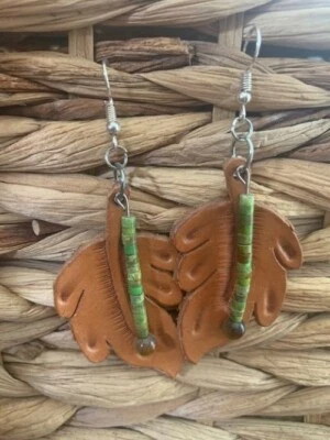 Pendientes colgantes de cuero con hoja turquesa ojo de tigre Western Boho para mujer piedra Foto 1 de 3