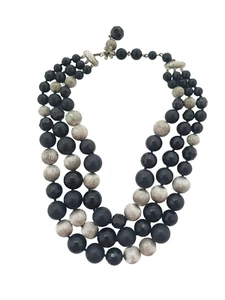 Vintage DE MARIO Black and Silver Triple Strand Bead Statement Necklace - Picture 1 of 7