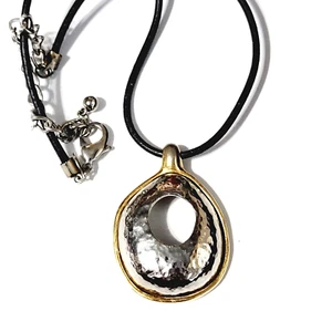 Vintage Chico's Hammered Silver-tone & Brass Modernist Pendant Necklace, Leather - Picture 1 of 4