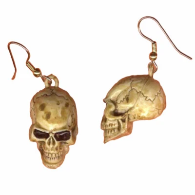 Funky Realistic Antiqued SKULL EARRINGS Biker Pirate Punk Gothic Novelty Jewelry - Image 1 of 4