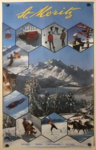 Original Vintage Poster ST. MORITZ Swiss Airline Travel Sport Skiing Switzerland - Picture 1 of 5