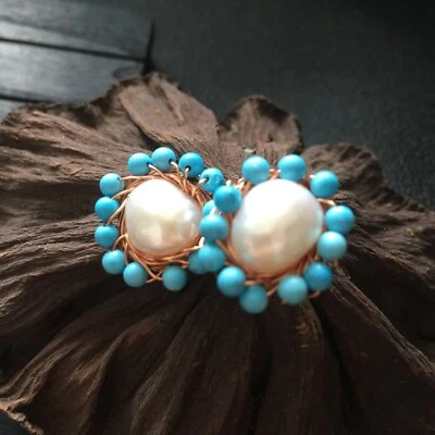 D13 Ohrringe Blüte aus Perle und Türkis Stecker aus Silber 925 - Bild 1 von 4