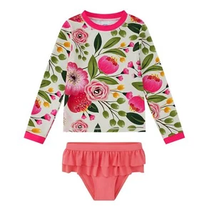 Girl's Long Sleeve Rashguard UPF 50+ Two Piece Swimwear Set Rose Flower 8 Years - Picture 1 of 7