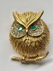Broche prendedor vintage Erwin Pearl PEP firmado búho ojos de estrás verde tono dorado - Imagen 1 de 4