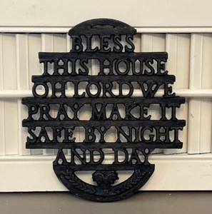 Vintage Black Cast Iron BLESS THIS HOUSE Trivet Farmhouse Kitchen Prayer - Picture 1 of 3