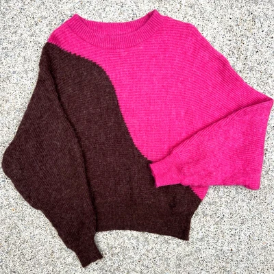 Suéter Corto LUSH Rosa Caliente Cacao Marrón Bloques de Color Mujer Pequeño Acogedor Peluche Foto 1 de 4