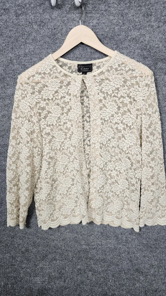 Cardigã vintage coleção Dressbarn Wmn L renda branca jaqueta aberta transparente EUA - Imagem 1 de 4