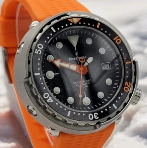 POSEIDON Orange Black 'Tuna' Divers Watch 30ATM WR SEIKO TMI NH35 Automatic Movt - Picture 1 of 19