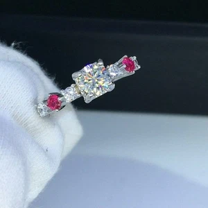 1.5 Carat Round Cut Real Moissanite & Ruby Engagement Ring 14k White Gold FN - Picture 1 of 7