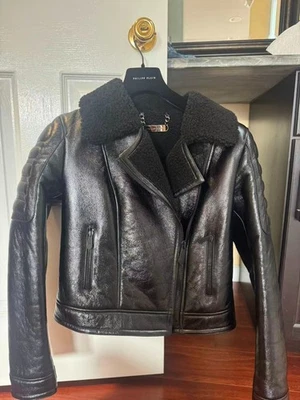 Байкерская куртка Philipp Plein черная овечья кожа для женщин размер L - Изображение 1 из 4
