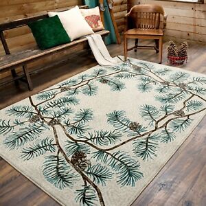 Pine Bough Vanilla Bordered Rustic Country Home Cabin Area Rug 5'x8'