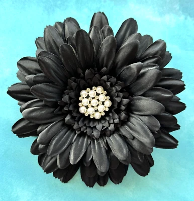 5" Black Gerbera Daisy Silk Flower Hair Clip with Pearls & Rhinestones Cabochon - Image 1 of 3