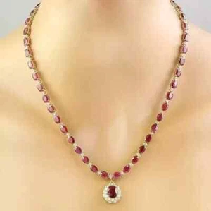12ctOval Cut Lab-Created Ruby Women's Tennis Necklace 14K YellGold Plated18” - Picture 1 of 3