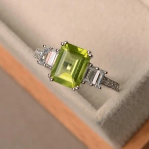 3.3Ct Emerald Cut Green Peridot Diamond Solitaire Wedding Ring White Gold Finish - Picture 1 of 6