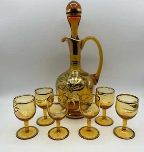 Decantador de ámbar y 6 gafas cordiales, acentos florales - Imagen 1 de 19