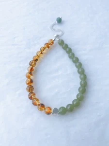Handmade Gemstone Jewelry Bracelet Genuine Amber And Jade(Nephrite) Adjustable - Picture 1 of 4