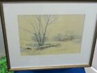Original Aquarell von M.Holmes Pickup "Bäume und Teich im Winter (Sussex Künstler)