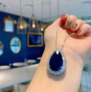 Women's Pendant 14K White Gold Plated 2.10Ct Pear Cut Lab Created Blue Sapphire - Picture 1 of 4