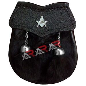 Masonic Boys Sporran Scottish Front 2 Tassels Free Chain Black Fur AAR Brand New
