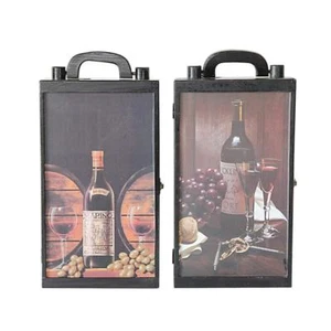 S/2 Wood Wine Box Carrying Case Double Bottle Wine Gift Box Holder with Handle - Picture 1 of 8