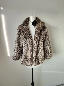 Primark Womens Beige Brown Faux Fur Short coat Jacket 12 Leopard Animal Print - Picture 1 of 11