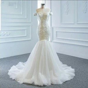 UK White/ivory Lace Short Sleeve Mermaid Off Shoulder Wedding Dress Size 6-18 - Picture 1 of 3